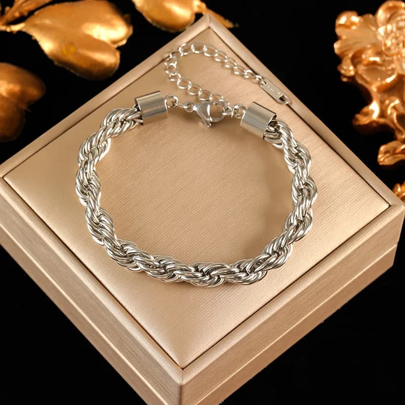 Ezüst színű láncos bangle karkötő, rozsdamentes acél